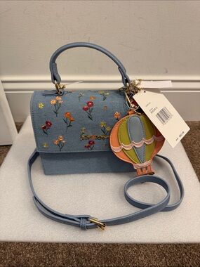 Betsey Johnson denim floral crossbody mini bag hot air balloon charm NWT